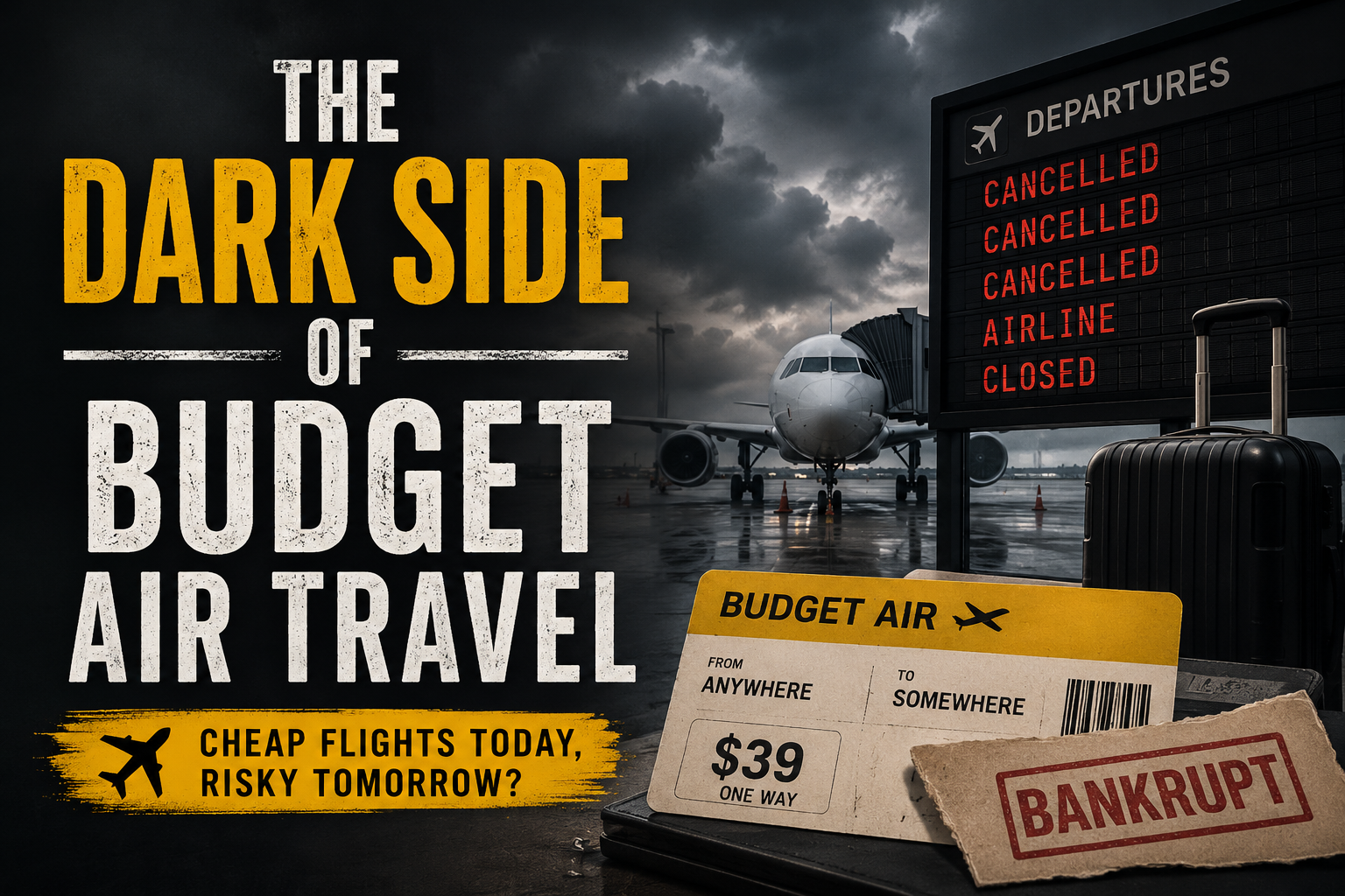 “Banner for ‘The Dark Side of Budget Air Travel’ featuring canceled flights, storm clouds, luggage, and a bankrupt budget airline ticket.”